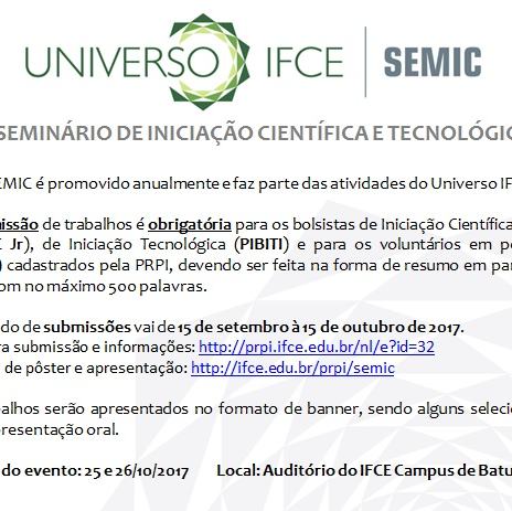 #15760 Próximo dia 15/09 inicia-se o prazo para submissão de trabalhos ao SEMIC 2017