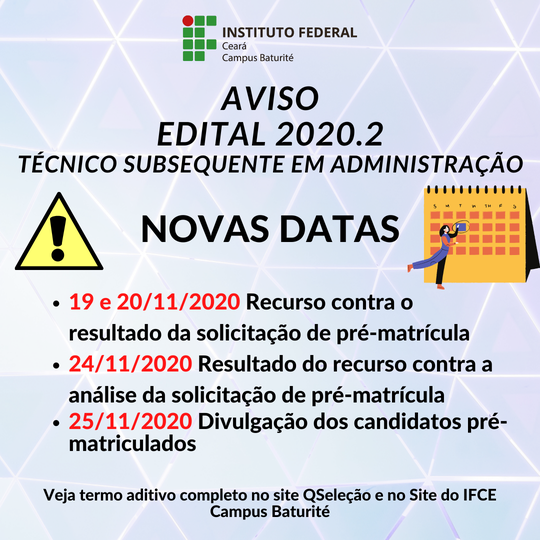 #16281 Confira cronograma de pré-matrícula para o Curso técnico em Administração do campus Baturité