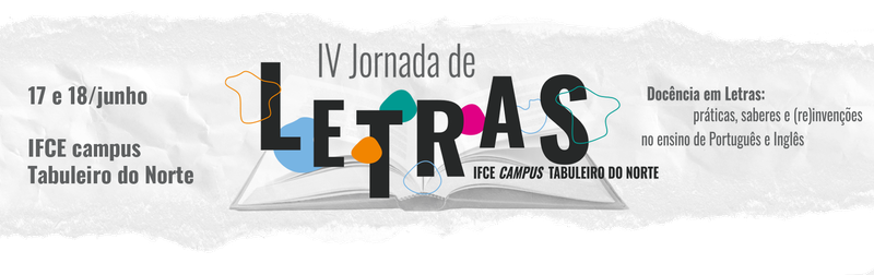 Cabeçalho com Identidade Visual do Evento - Letreiro "Jornada de Letras" com formas orgânicas ao seu redor, em cores e contornos diferentes.