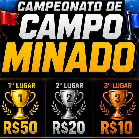 Arte do campeonato Campo Minado, com três troféus para 1º, 2º e 3º lugares