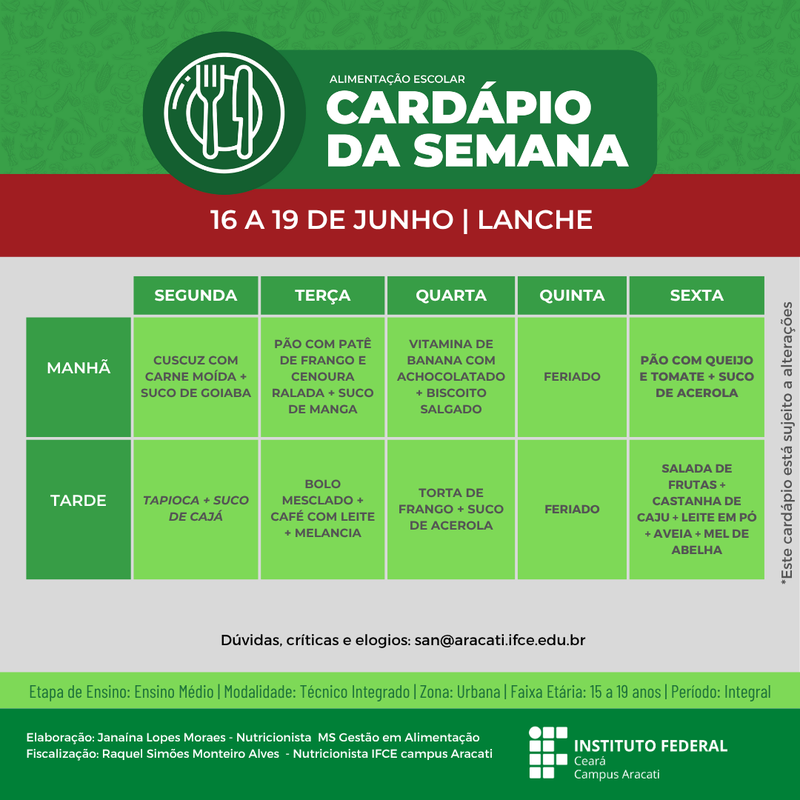 Cardápio 16 a 19/06
