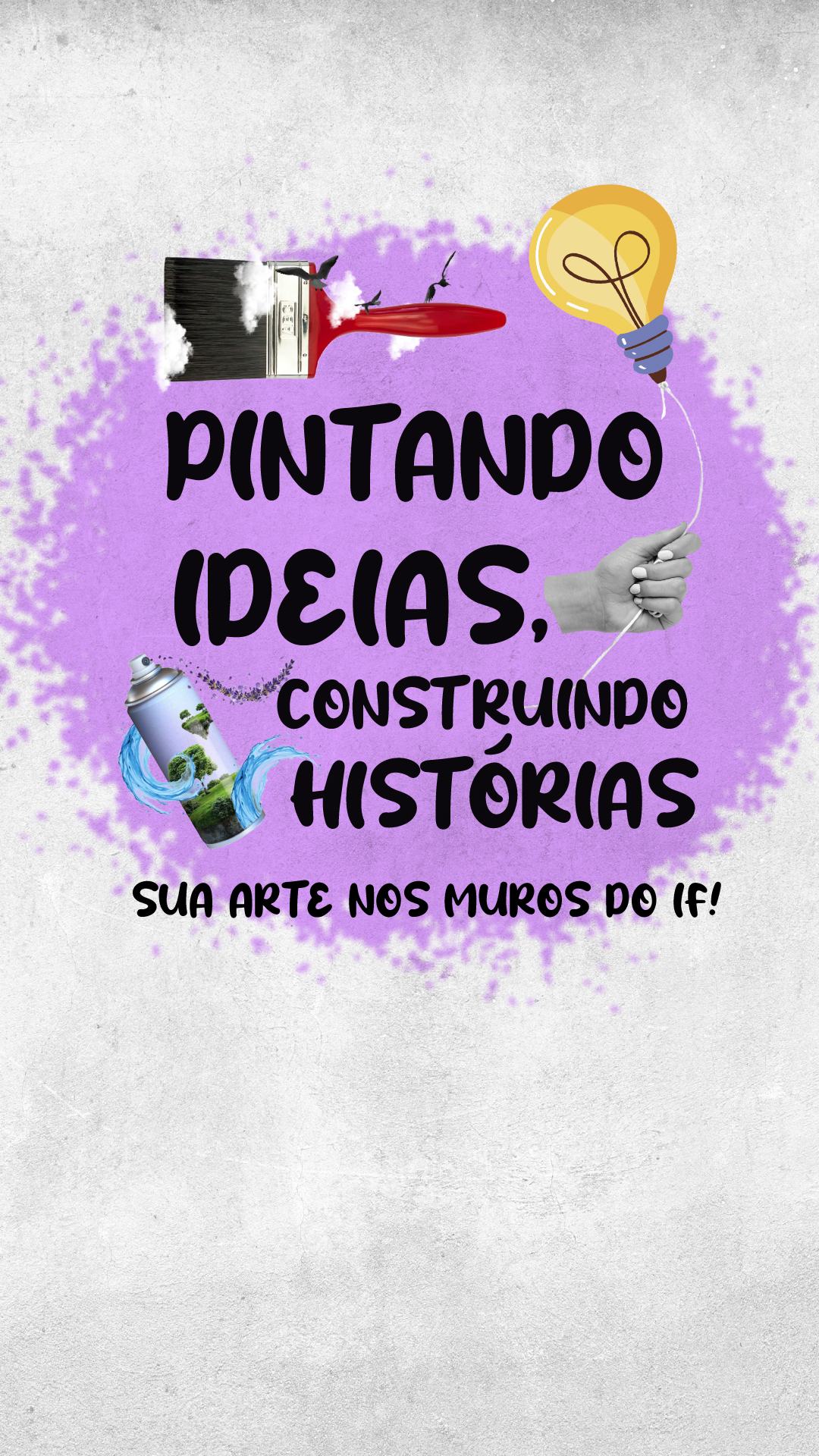 Imagem de uma parede com o nome do concurso. Ao redor, imagens coladas de um spray com a natureza dentro, pincel cercado de nuvens e uma mão segurando uma lâmpada que parece um balão.