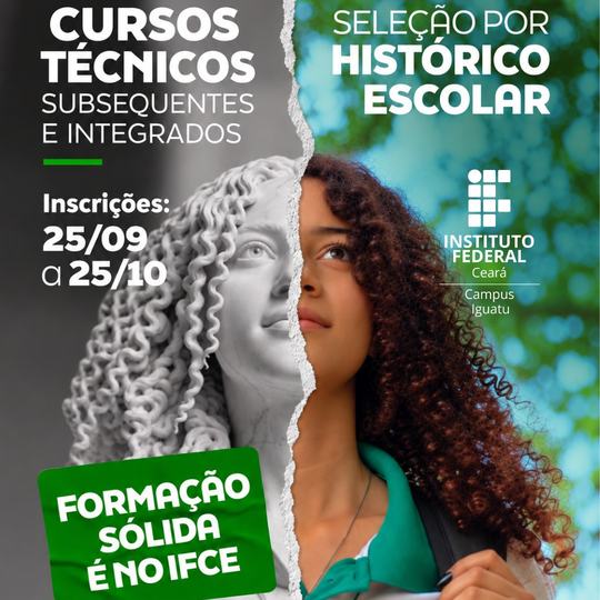 Card vertical do Instituto Federal do Ceará (IFCE) – Campus Iguatu, referente ao Processo Seletivo 2027.1. O fundo é dividido ao meio por uma faixa de papel rasgado. À esquerda, há a imagem em preto e branco de uma estátua clássica. À direita, aparece uma